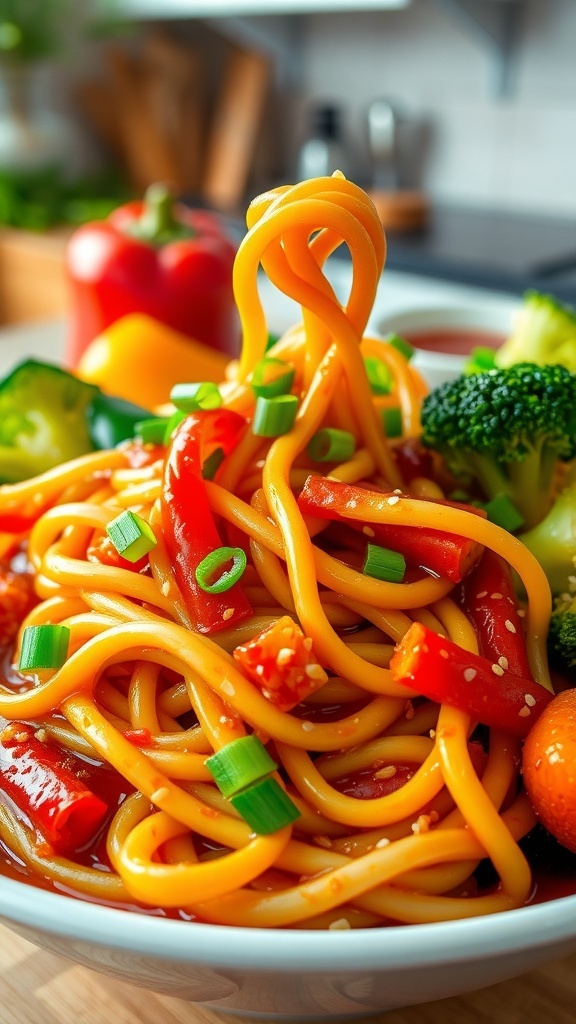 A bowl of glossy noodles with vegetables, garnished with sesame seeds and green onions.